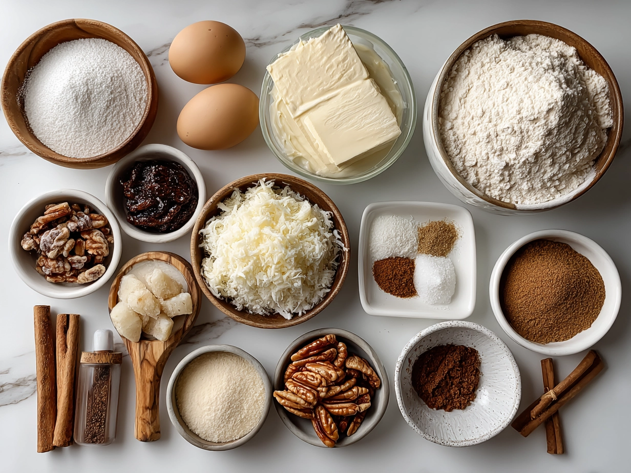Top-down view of raw ingredients for Cinnamon Roll Cheesecake Cookies on marble surface