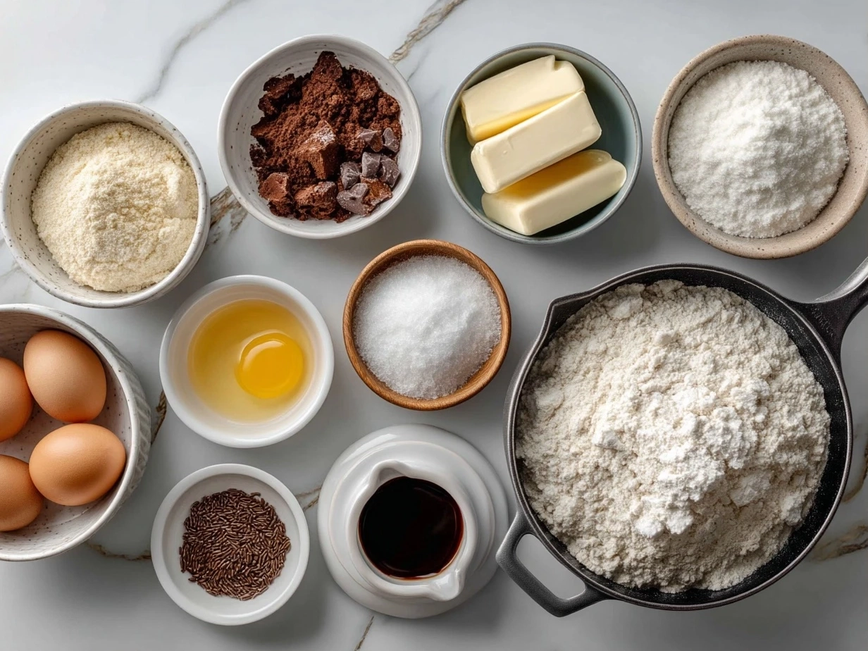 Top down view of raw ingredients for Cookies Cream Skillet Cookie including butter, sugar, flour, Oreos, and cream cheese