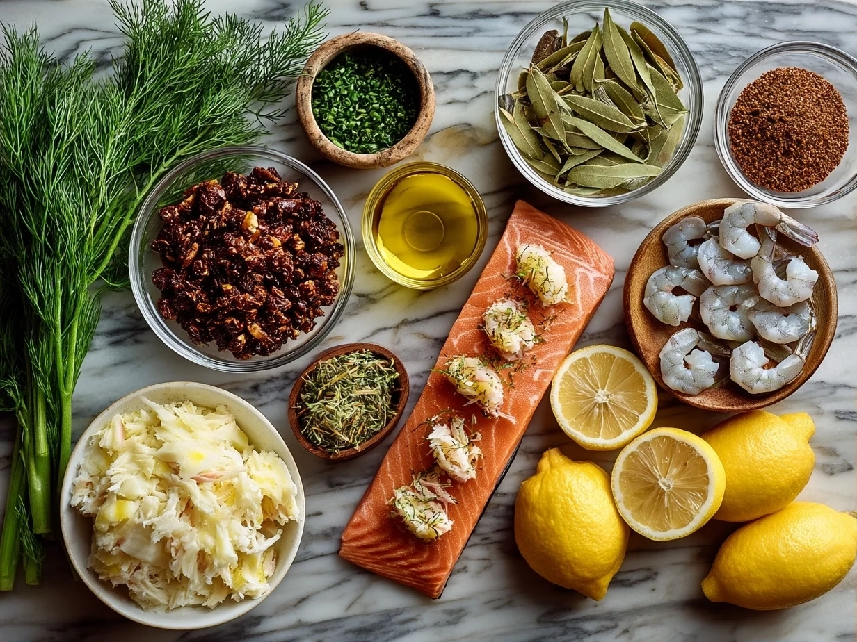 Raw ingredients for Crab And Shrimp Stuffed Salmon on marble surface