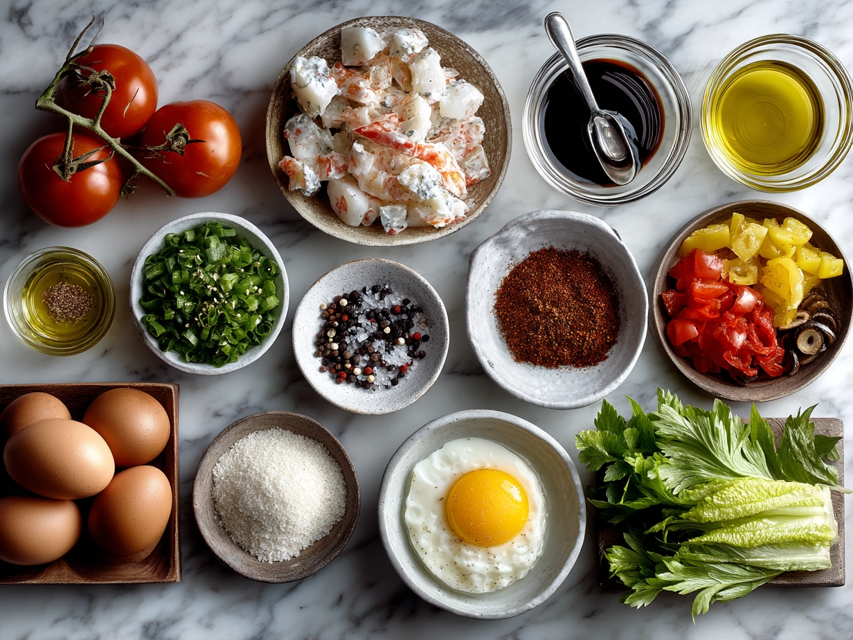 Top down view of raw ingredients for Crab Salad arranged on marble countertop