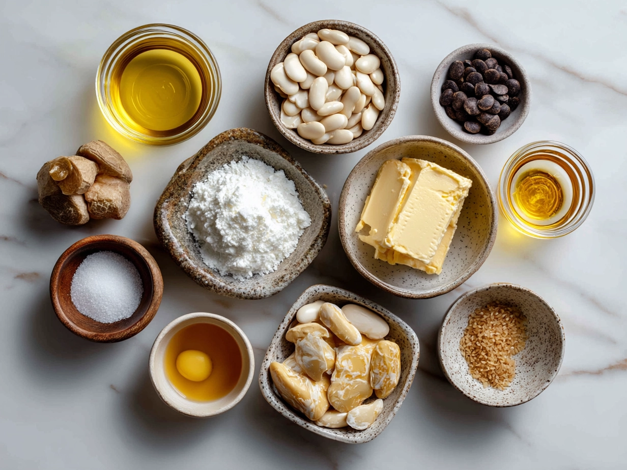 Top-down raw ingredients for creamy miso butter beans on marble, modern kitchen organized mise en place