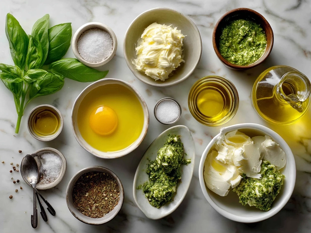 Ingredients for creamy pesto aioli laid out on marble surface