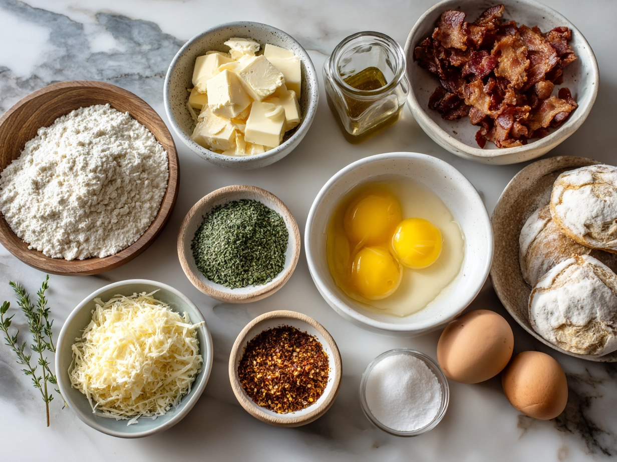 Raw ingredients for crustless bacon cheese quiche on marble counter, organized kitchen mise en place