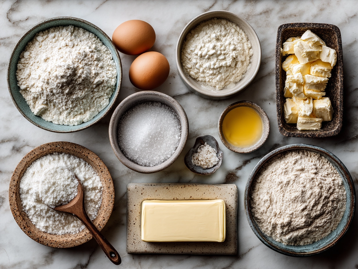 Raw ingredients for French Croissant on marble countertop with organized mise en place