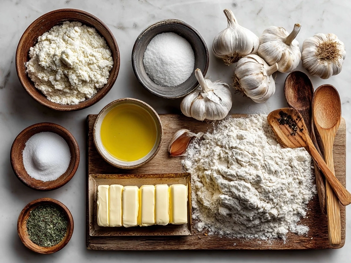 Top-down view of raw ingredients for garlic butter dinner rolls arranged on a table