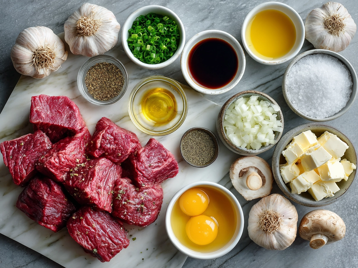 Top-down view of raw ingredients for Gordon Ramsay Beef Stroganoff arranged neatly on marble counter