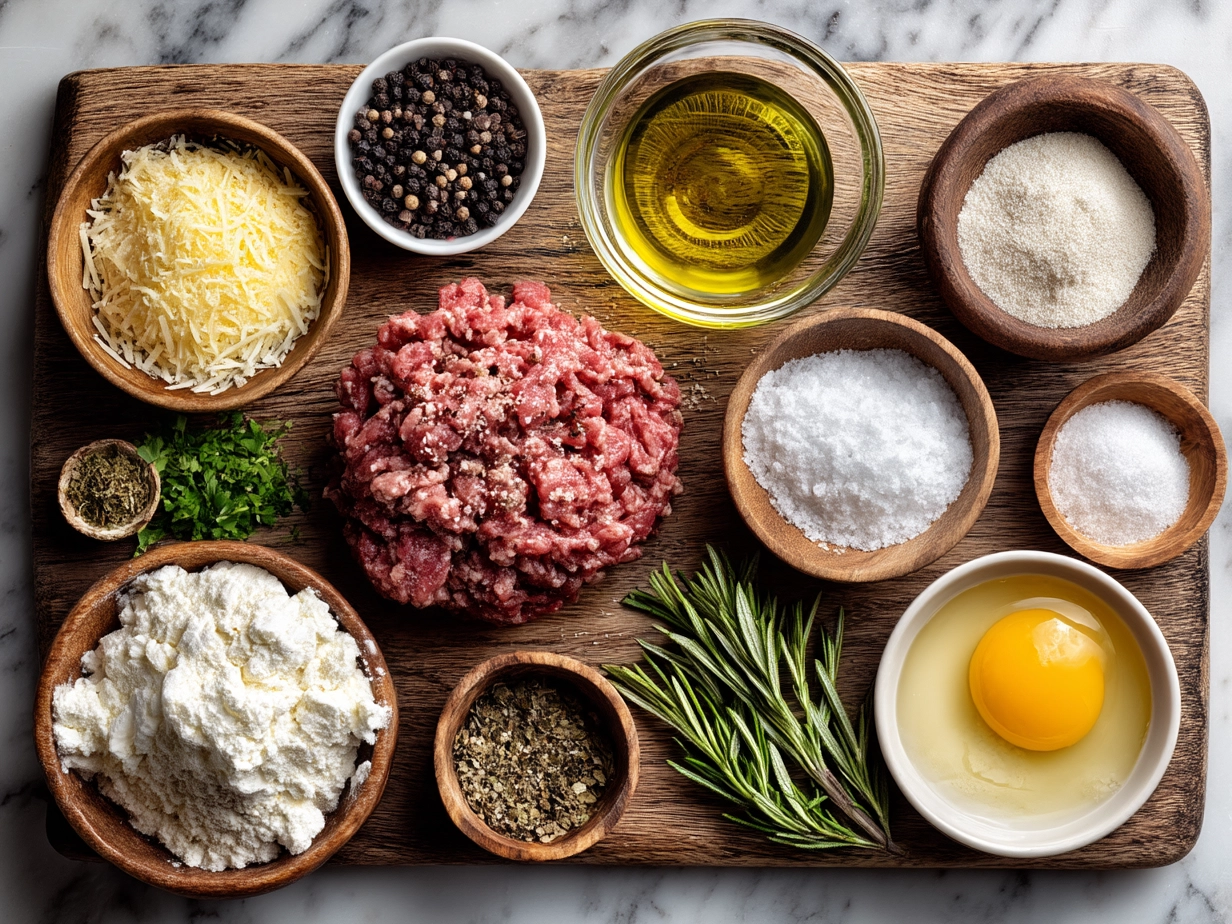 Top down view of raw ingredients for ground beef stroganoff on marble surface