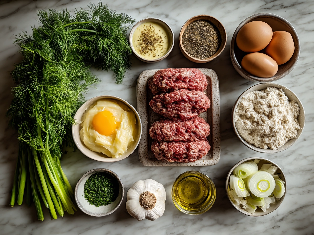 Raw ingredients for Hamburger Steaks in Creamy Dill Sauce arranged on a kitchen countertop