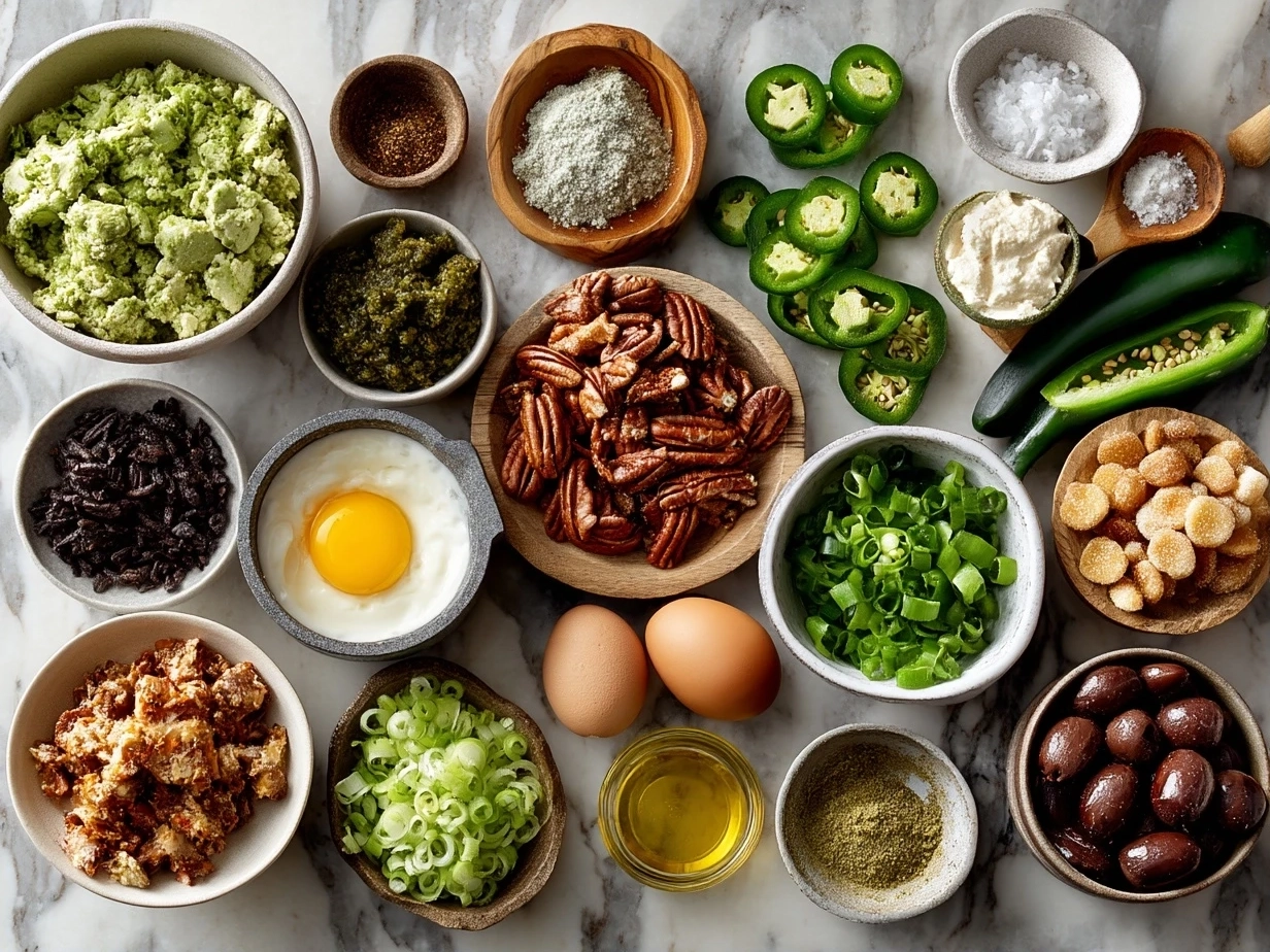 Top down raw ingredients for Jalapeno Poppers Nourish Bowl on marble surface