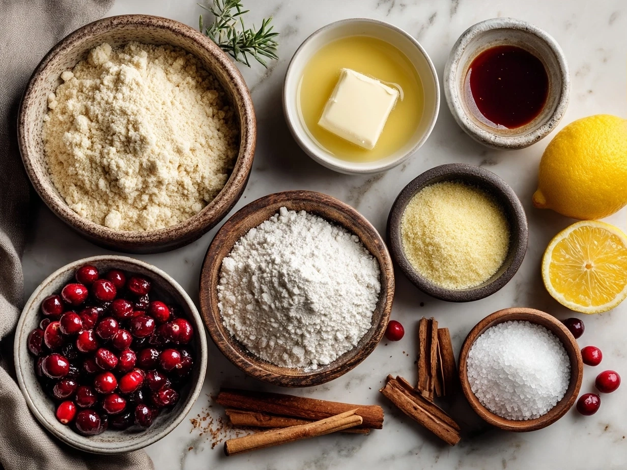 Top down view of raw ingredients for Keto Cranberry Orange Shortbread on marble surface