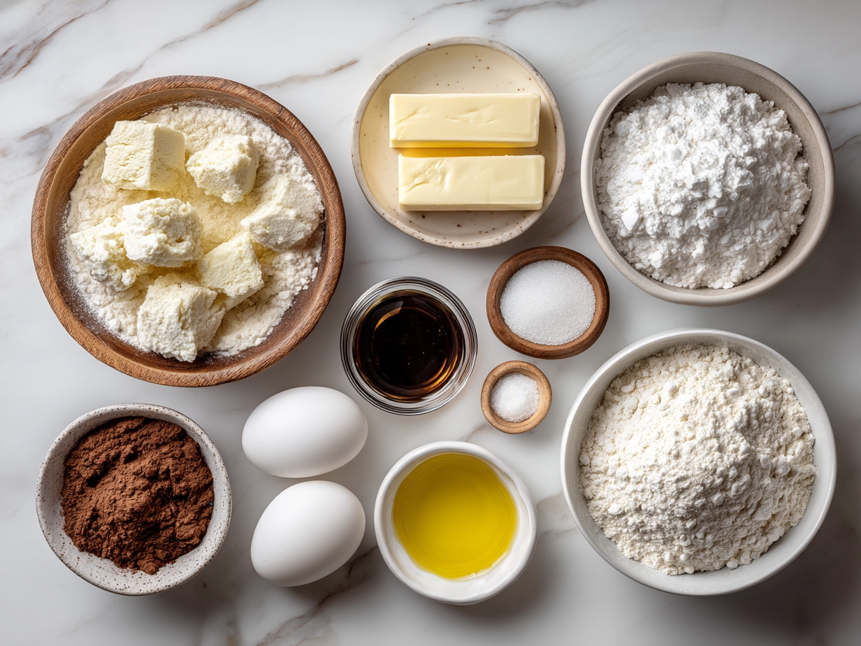 Top down view of raw ingredients for King Cake Bites including flour, sugar, eggs, butter, and spices
