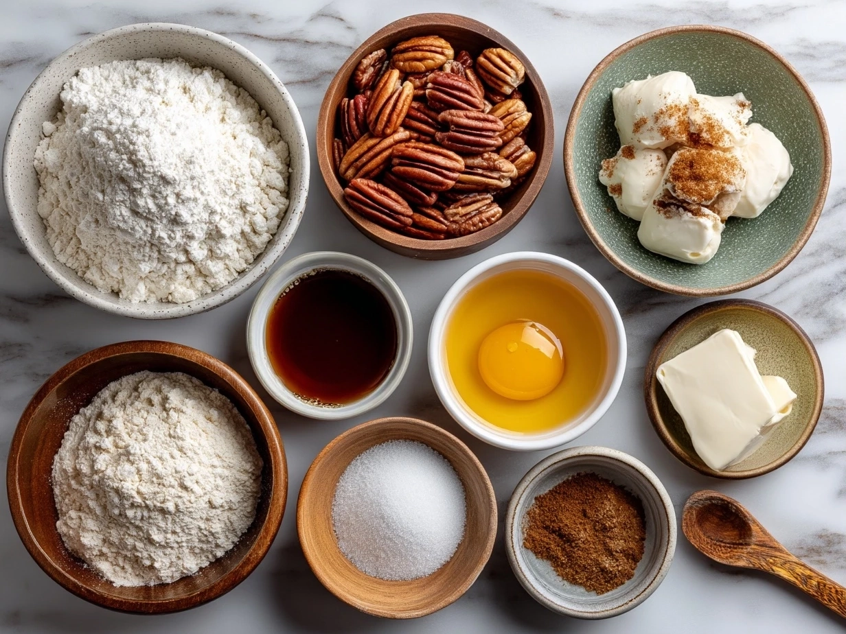 Top down view of raw ingredients for Maple Pecan Sticky Buns on marble countertop