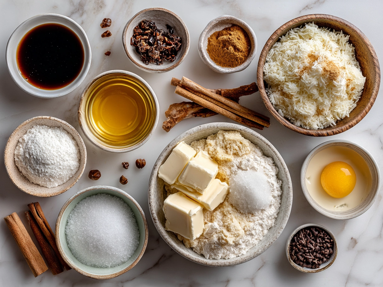 Raw ingredients for No Bake Eggnog Pie arranged on a table showing graham cracker crumbs, butter, cream cheese, sugar, eggnog, vanilla, nutmeg, and whipped topping.