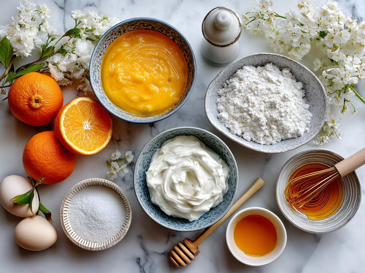 Top down view of raw ingredients for Orange Dreamsicle Salad on marble surface