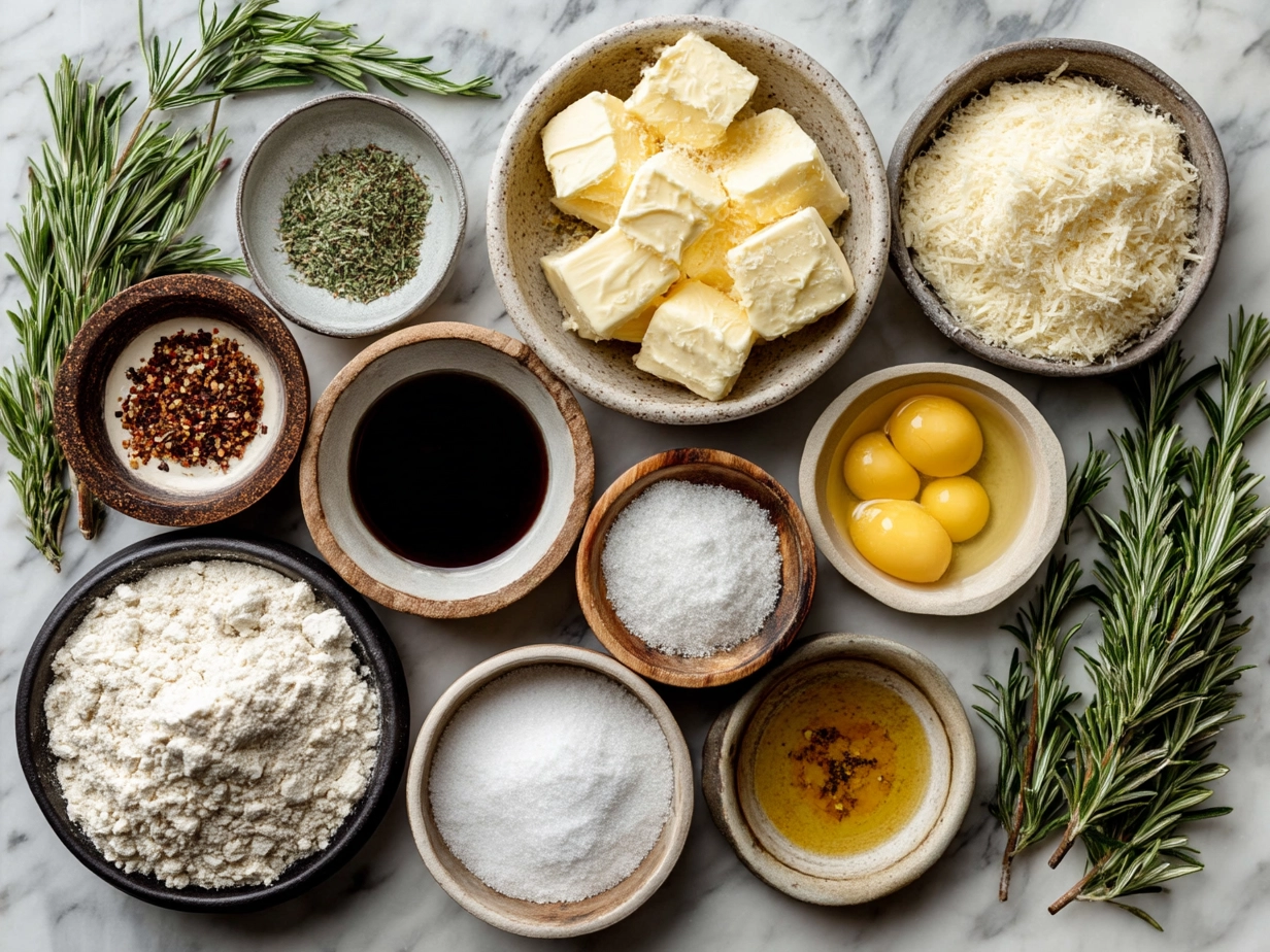 Top down view of raw ingredients for rosemary parmesan snowflake cookies laid out on marble surface