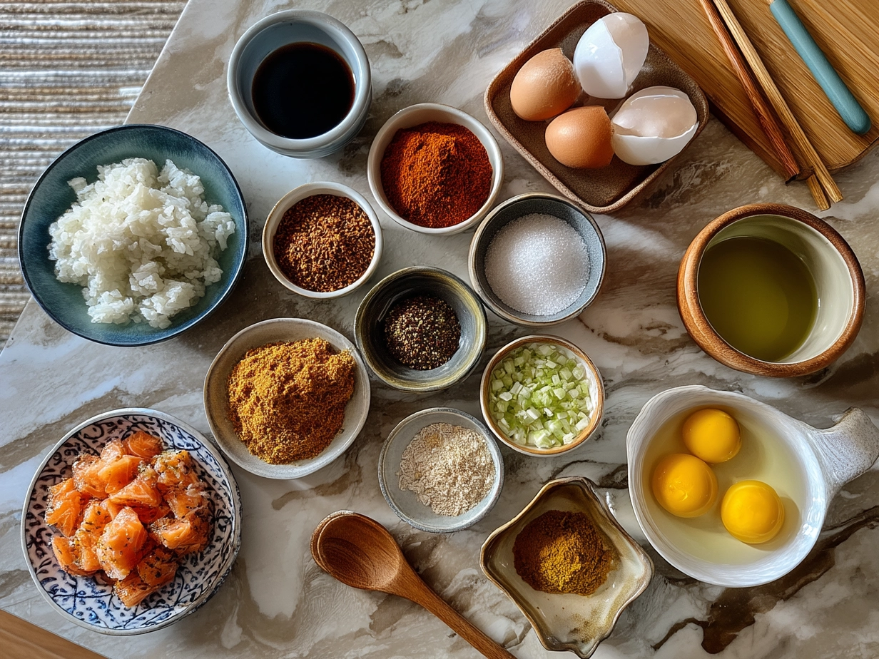 Top-down view of raw ingredients for salmon croquettes on marble surface