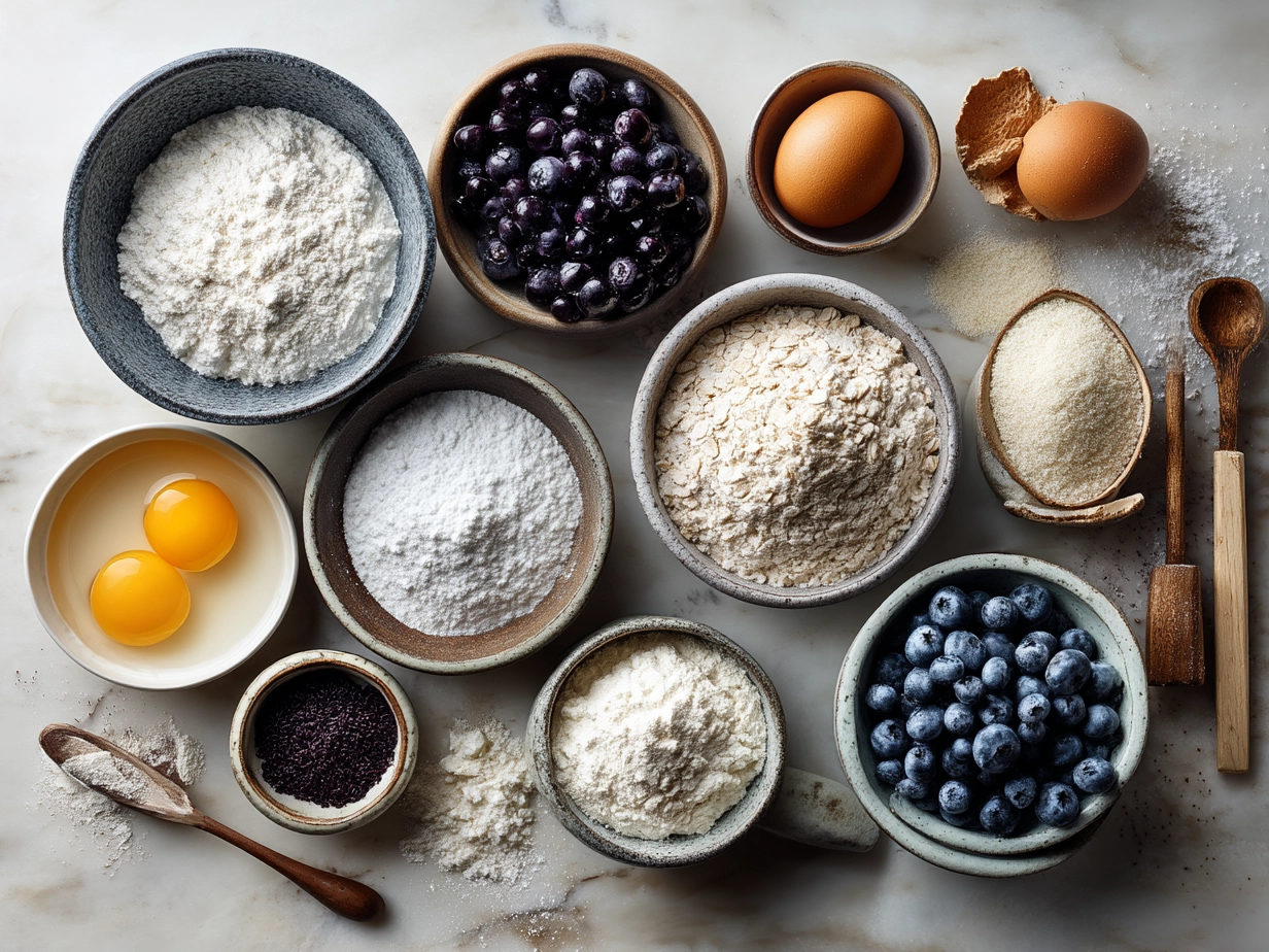Ingredients for Sourdough Blueberry Muffins arranged on marble surface