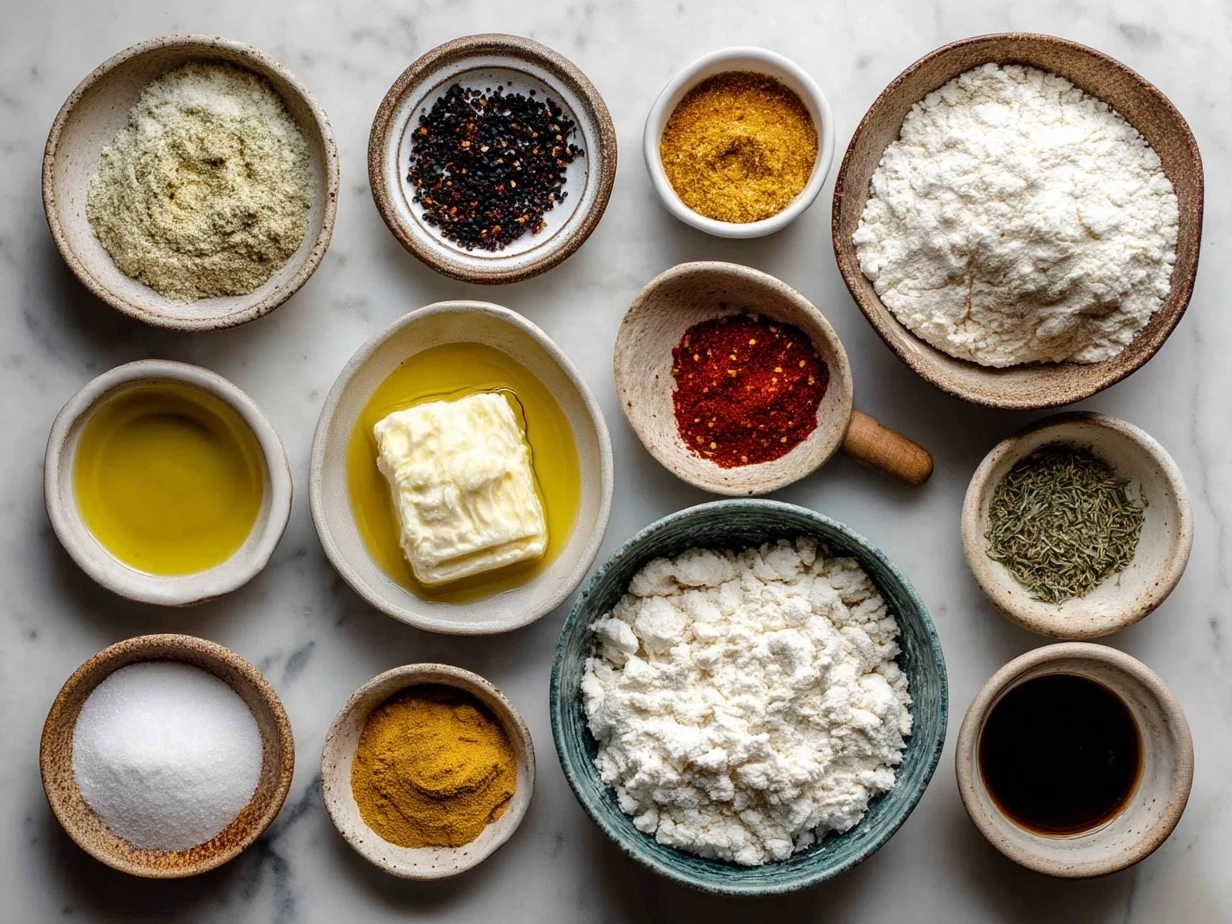 Top-down view of raw ingredients for sourdough discard focaccia pizza including flour, olive oil, and tomatoes