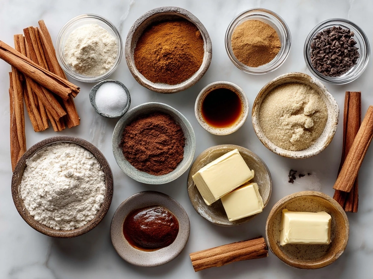 Top down view of raw ingredients for spiced gingerbread brownies on marble, organized mise en place in a modern kitchen