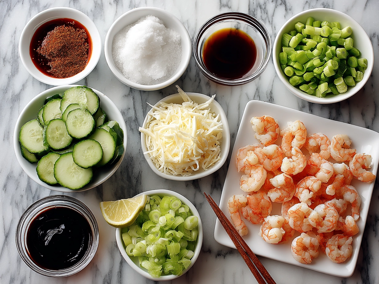 Top down view of raw ingredients for Spicy Shrimp Sushi Stacks including shrimp, rice, avocado and sauce