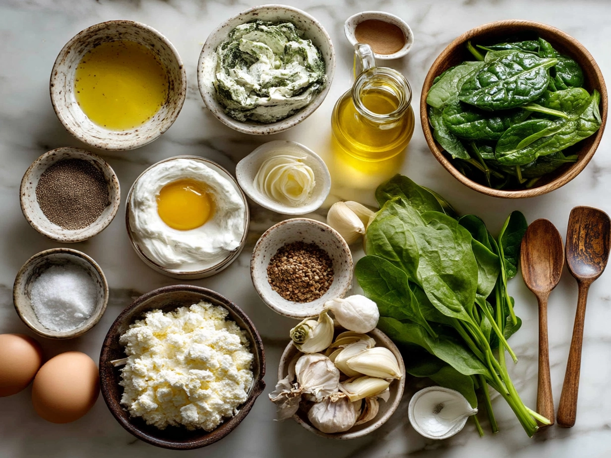 Raw ingredients for spinach and artichoke dip laid out on a kitchen surface