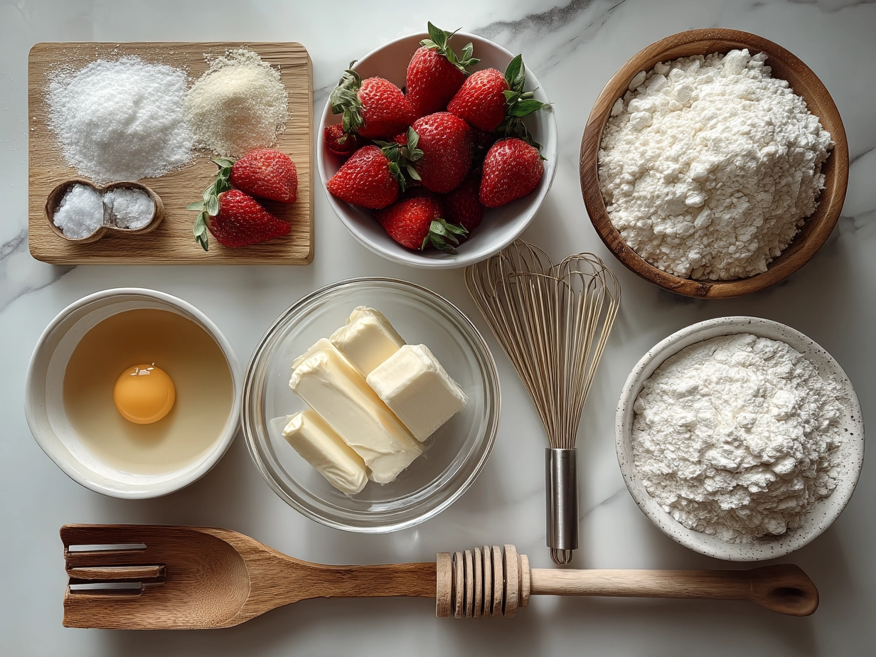 Ingredients for Strawberry Cool Whip Cookies arranged on a table