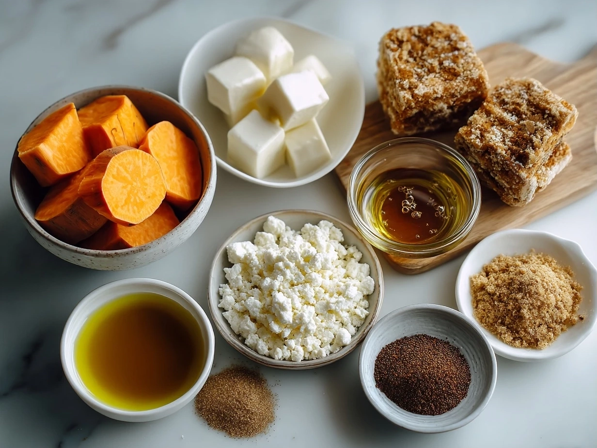 Ingredients for Sweet Potato Rounds with Honey Feta Crumble arranged on a marble surface