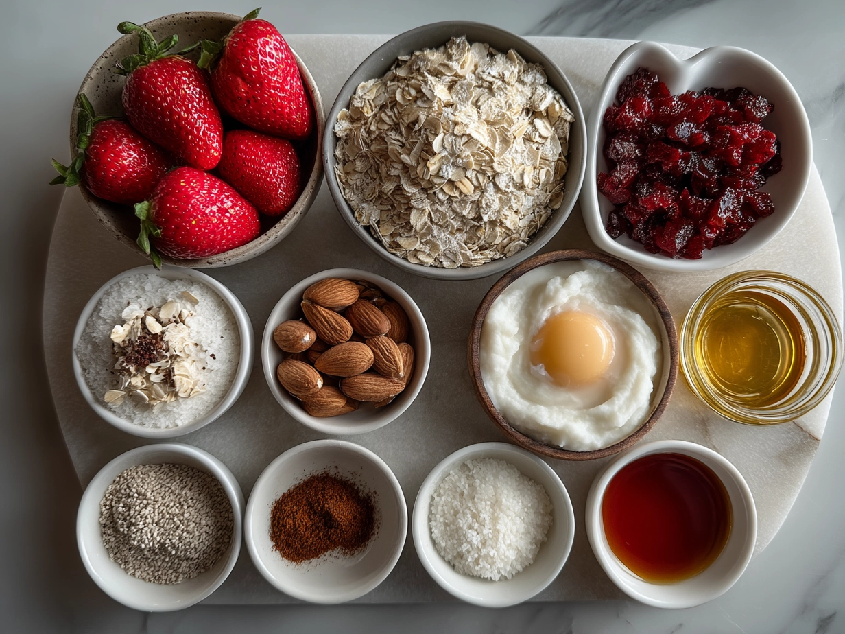 Top-down view of raw ingredients for Valentines Oatmeal Bowl including oats, strawberries, raspberries, almonds and almond milk