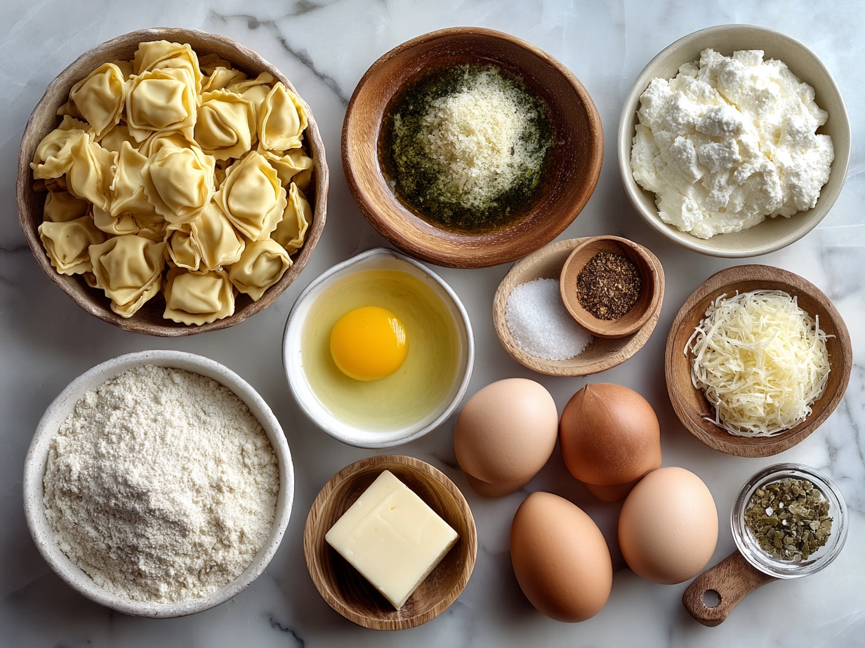 Ingredients for Tortellini Soup arranged on a table