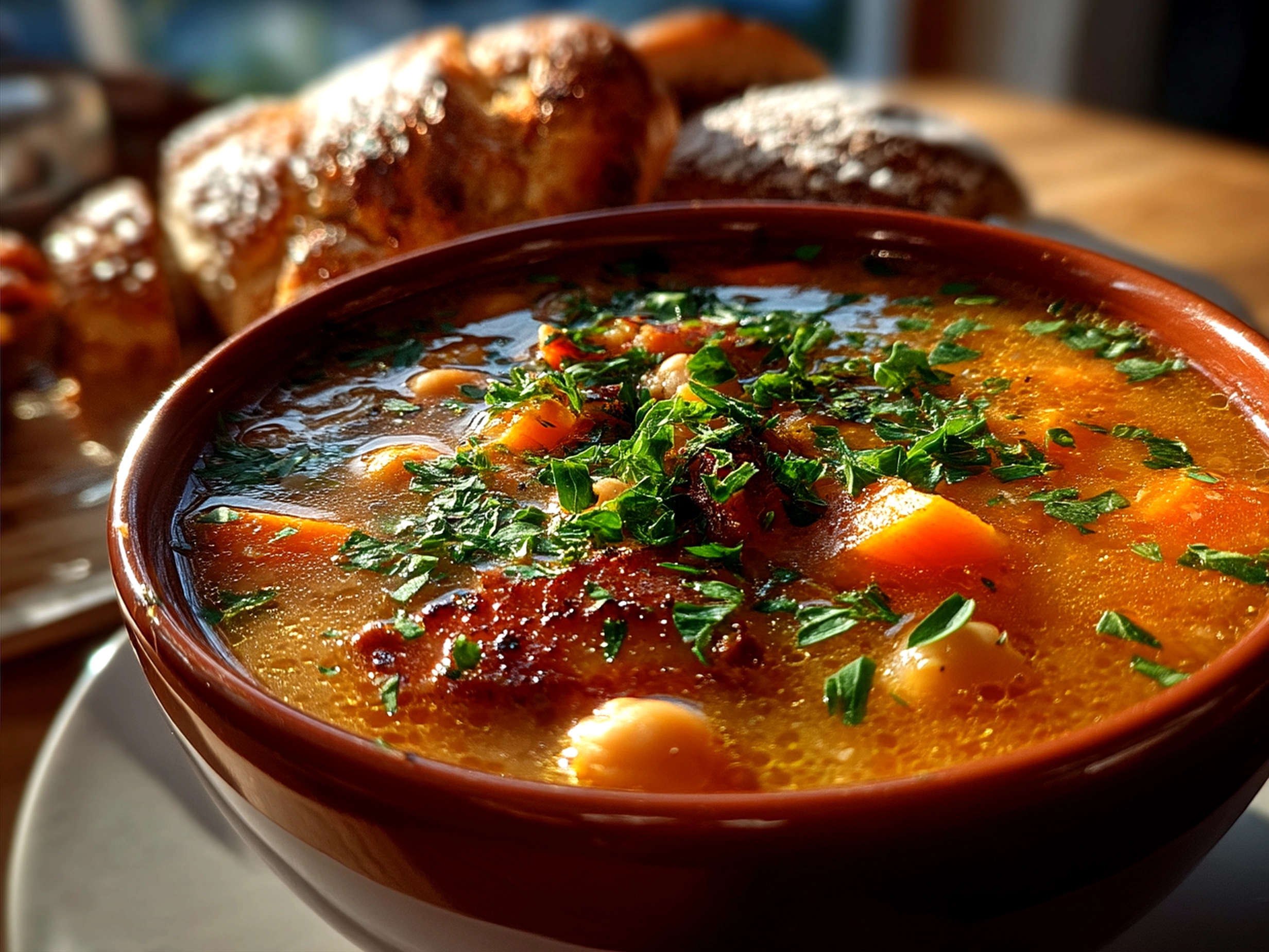 Tuscan Chickpea Soup served in a bowl, garnished with fresh herbs