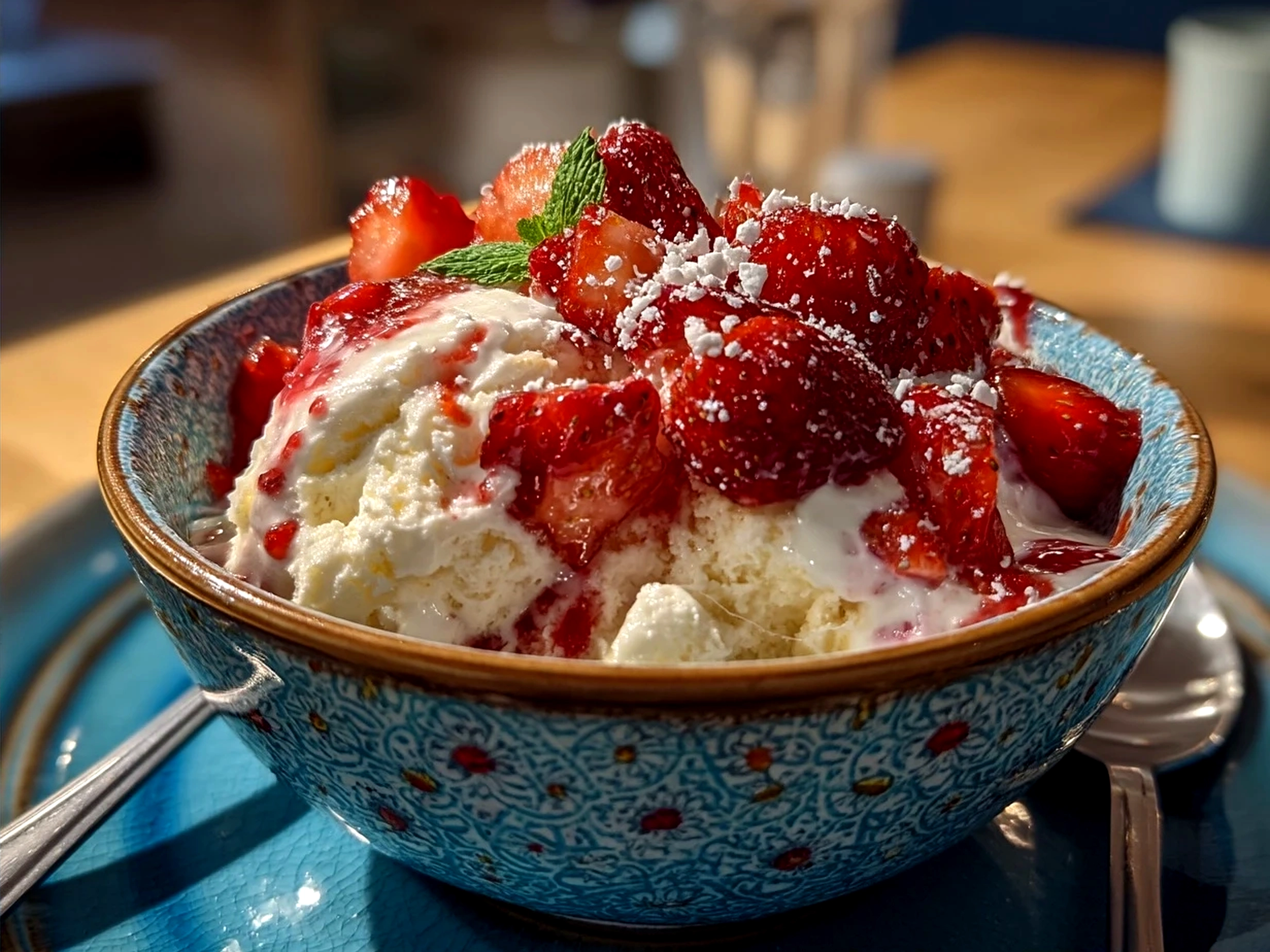 Served Valentines Cakes Nice Cream Bowl topped with fresh berries and dark chocolate chips