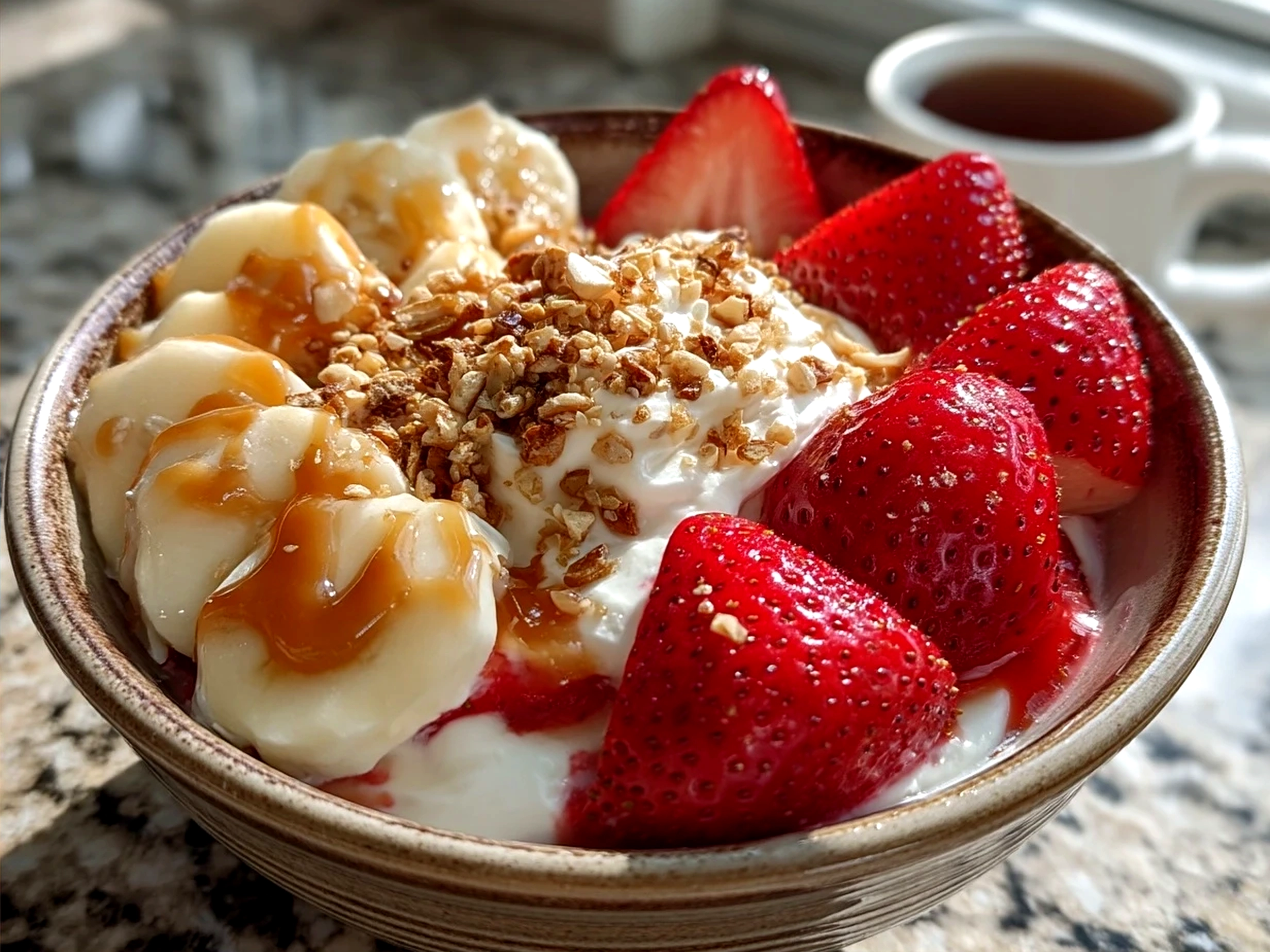 Served Valentine Treats Greek Yogurt Bowl with fresh berries, granola, and chia seeds