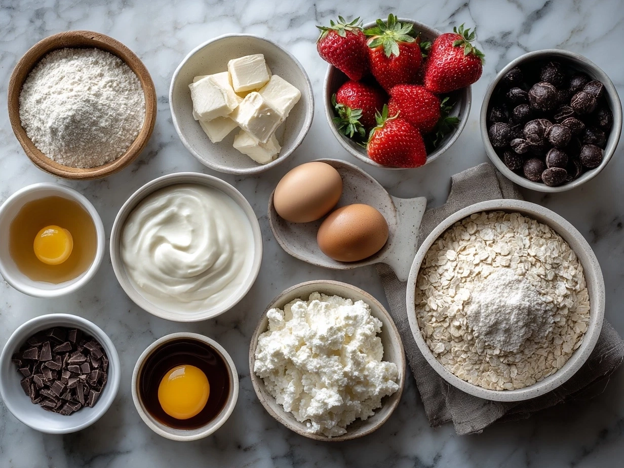 Ingredients for Valentine Treats Greek Yogurt Bowl including Greek yogurt, berries, honey, granola, chia seeds, and vanilla extract