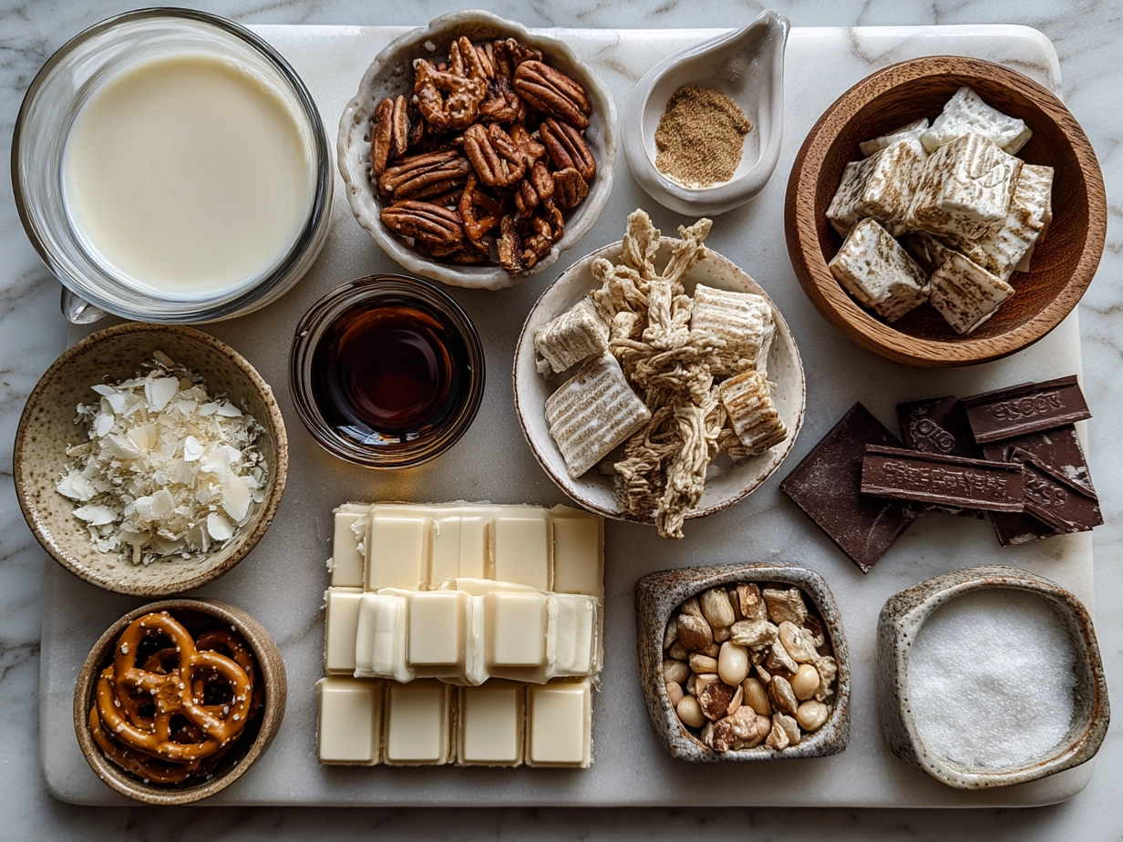 Ingredients for White Chocolate Pretzel Crockpot Candy including white chocolate coating, pretzels, peanuts, and butterscotch chips